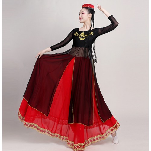 Women Red Yellow Blue Xijiang Dance Dresses Uyghur dance costume female swing  skirts Ethnic minority xinjiang performance clothes costumes for art exams